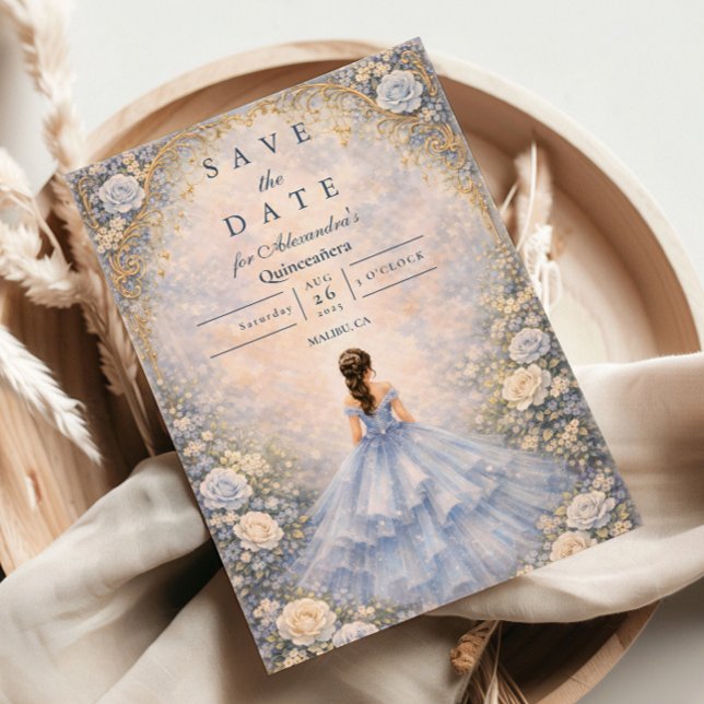 Powder Blue Rosen Garten Quinceañera Save The Date (Von Creator hochgeladen)