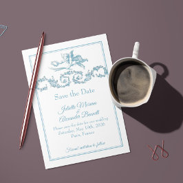 Powder Blue Toile de Jouy Cherub Save the Date Car