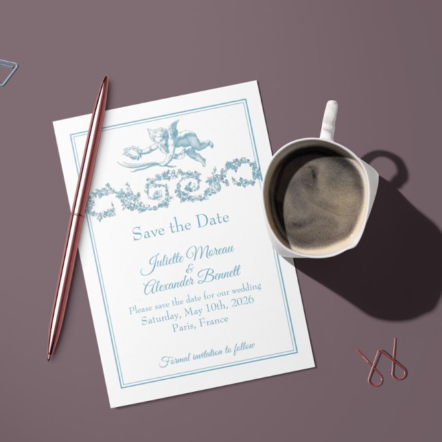 Powder Blue Toile de Jouy Cherub Save the Date Car (Von Creator hochgeladen)