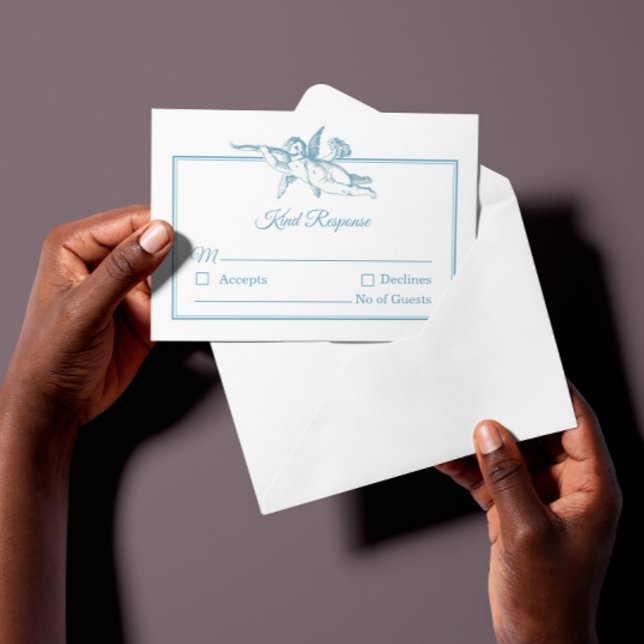 Powder Blue Toile de Jouy Cherub Wedding RSVP Card Karte (Von Creator hochgeladen)