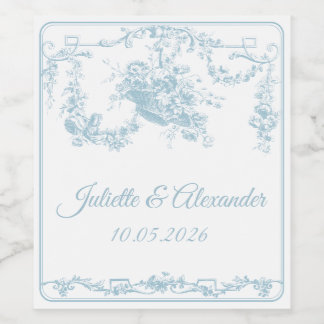 Powder Blue Toile de Jouy Wedding Bottle Label  Weinetikett