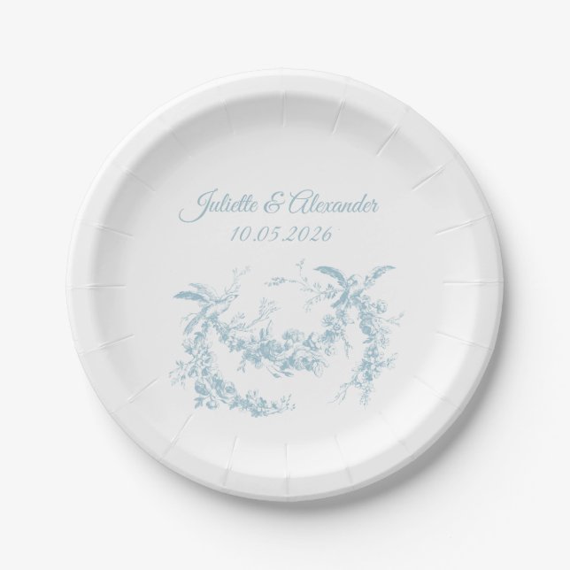 Powder Blue Toile de Jouy Wedding Paper Plates Pappteller (Vorderseite)