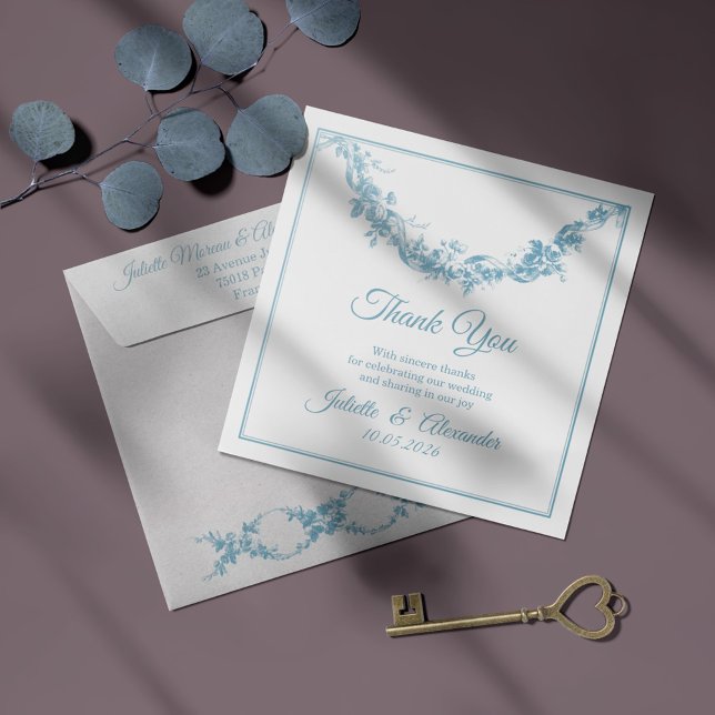 Powder Blue Toile de Jouy Wedding Thank You Card Dankeskarte (Von Creator hochgeladen)