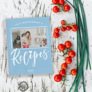 Powder Blue White Brush Script Rezepte Foto Notizbuch