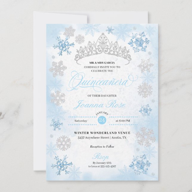 Powder Blue Winter Wonderland Quinceanera Einladung (Vorderseite)