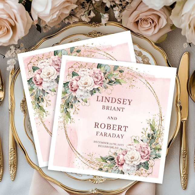 Powder Pink Floral Eucalyptus Gold Glitter Wedding Serviette (Powder Pink Floral Eucalyptus Gold Glitter Wedding Napkins)
