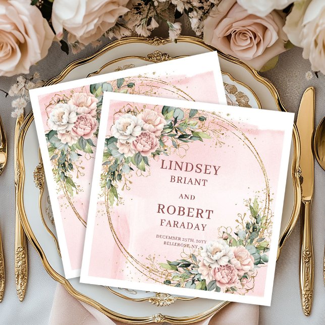 Powder Pink Flowers Greenery with Gold Glitter  Serviette (Powder Pink Flowers Greenery with Gold Glitter Napkins)