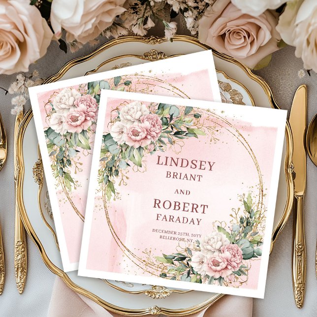 Powder Pink Wedding Floral Gold Glitter Eucalyptus Serviette (Powder Pink Wedding Floral Gold Glitter Eucalyptus Napkins)