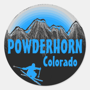 Powderhorn Colorado, blaue Skiläufer Runder Aufkleber