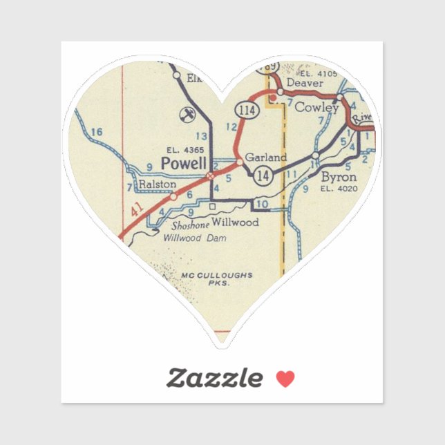 Powell Wyoming Vintag Map Aufkleber (Blatt)
