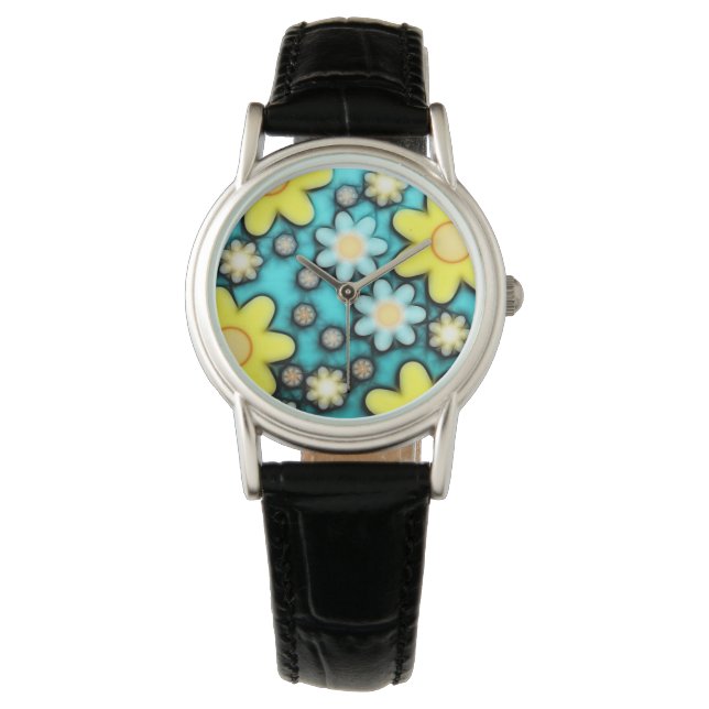 Power Gelb und Blau Blume Art Armbanduhr (Vorderseite)