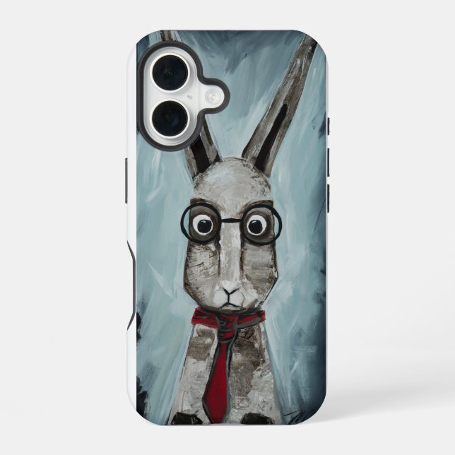 Power Tie. A rabbit with eye glasses and a red tie iPhone 16 Hülle (Rückseite)