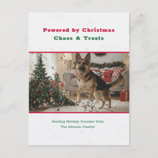 Powered by Christmas Chaos Funny Dog Pet Photo Feiertagspostkarte