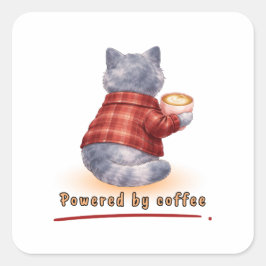 "Powered by Coffee" Cat Holding A Cup of Coffee Quadratischer Aufkleber