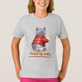 "Powered by Coffee" Cat Holding A Cup of Coffee T-Shirt