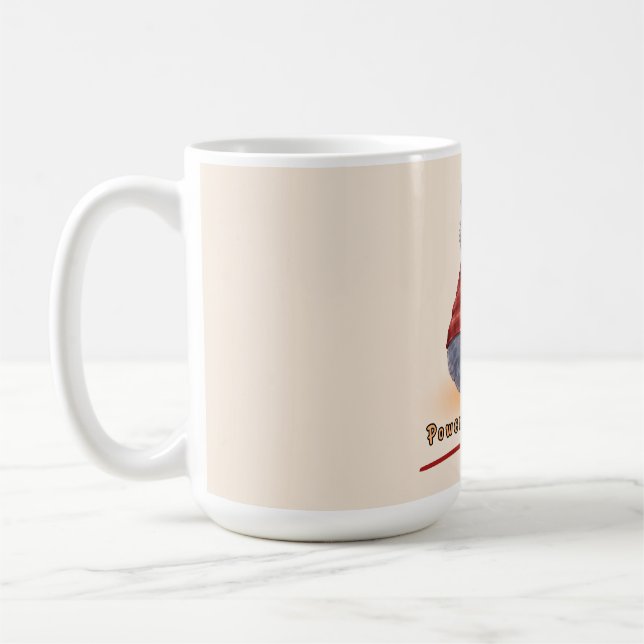 "Powered by Coffee" Katze hält eine Tasse Kaffee (Links)