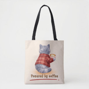 "Powered by Coffee" Katze hält eine Tasse Kaffee