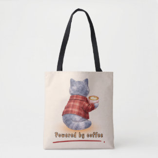 "Powered by Coffee" Katze hält eine Tasse Kaffee