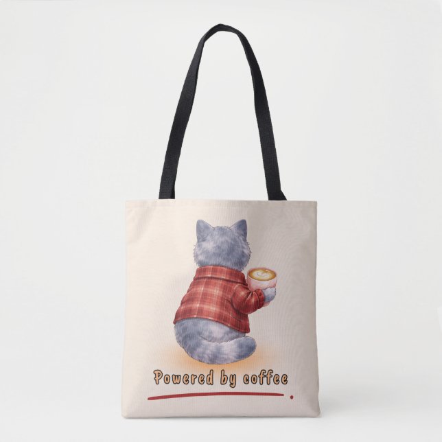 "Powered by Coffee" Katze hält eine Tasse Kaffee (Vorderseite)