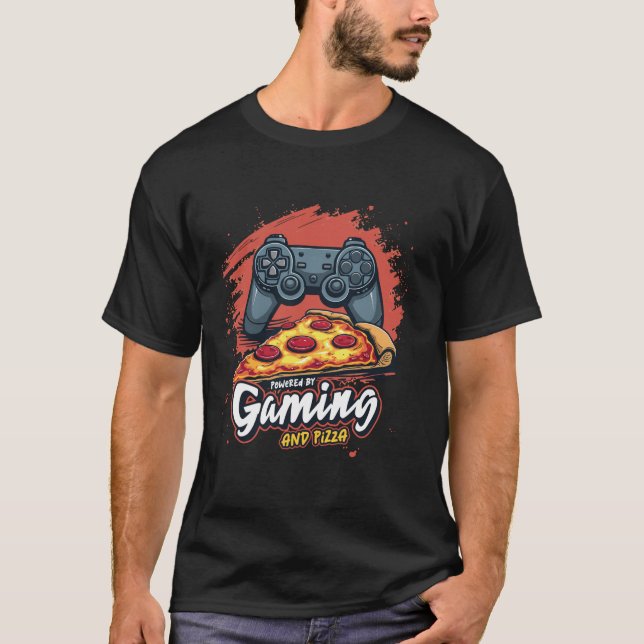 Powered by Gaming and Pizza Video Games Lover Funn T-Shirt (Vorderseite)