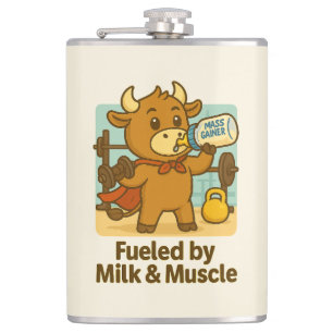 Powered by Milk & Muscle - Funny Bull Cartoon Flas Flachmann