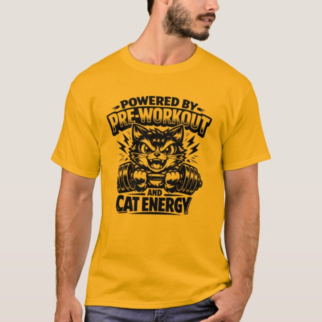 Powered By Prä-Workout Und Katzen-Energie T-Shirt (Vorderseite)