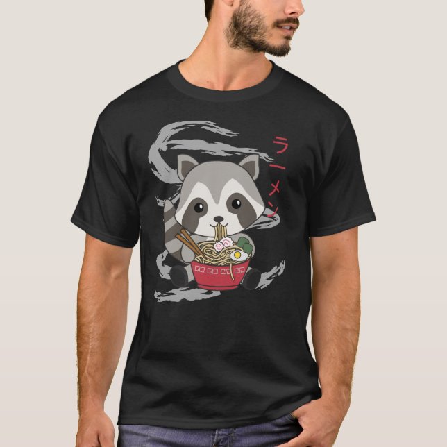 Powered by Ramen Niedlich Raccoon Eats Ramen T-Shirt (Vorderseite)