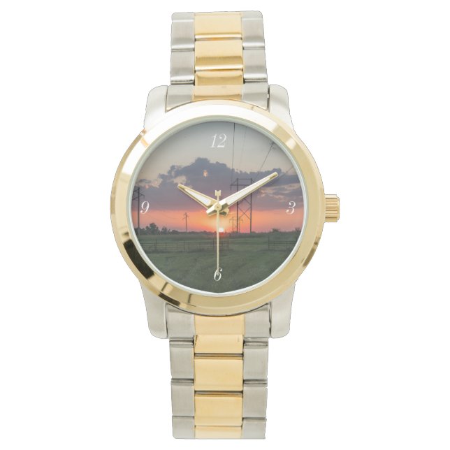 Powerline Sunset Landscape Armbanduhr (Vorderseite)