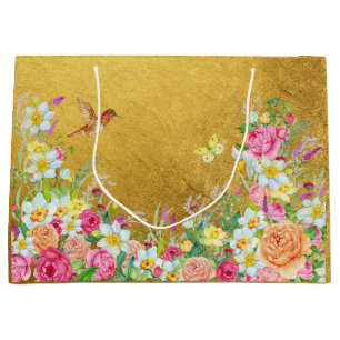 Pracht Gold Blumen Kolibri Geschenktasche Große Geschenktüte