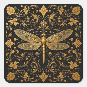 Prächtige Goldene Libelle mit floraler Kunst Quadratischer Aufkleber