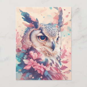 Prächtige Horn-Eule im rosa Blumen Garten Postkarte