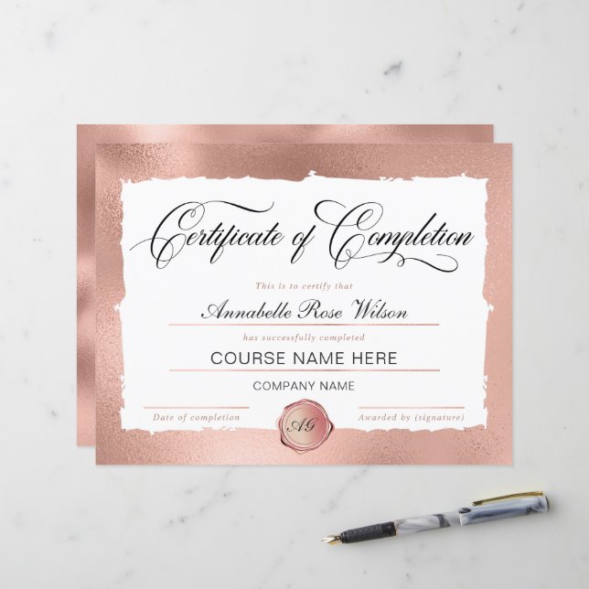 Prächtige Rose Gold Certificate of Completion Awar (Vorderseite/Rückseite Beispiel)