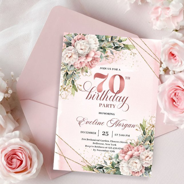 Prächtige Rose Gold Wasserfarbe Floral 70. Geburts Einladung (Splendid Rose Gold Watercolor Floral 70th Birthday Invitation)