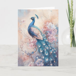 Prächtiger Pfau zwischen wunderschönen Blumen Karte