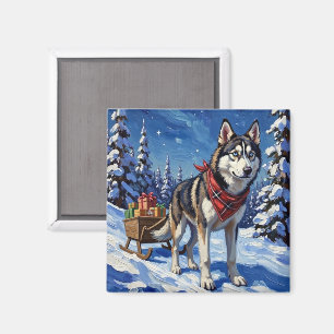 Prächtiger Sibirischer Husky zieht Weihnachtsschli Magnet