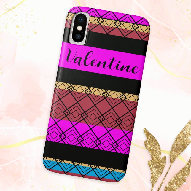 Prächtiges Gemustertes Boho Stilvolle Elegante Case-Mate iPhone Hülle (A phone case with 'Valentine' in romantic script typography, with geometric design in rich colors)