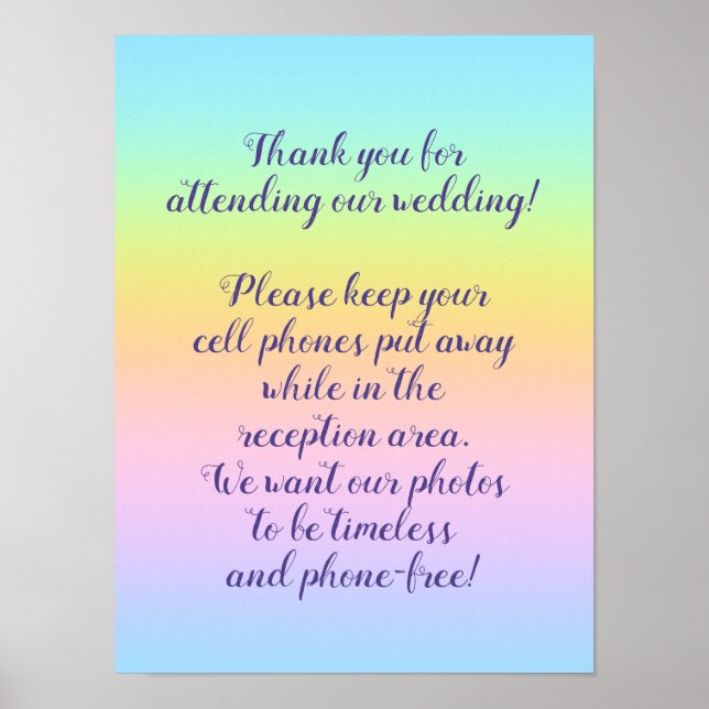 Prachtvolle Pastel Rainbow Wedding "Phone Free" Poster (Vorne)