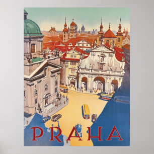 Prag, Aussicht auf das Stadtzentrum, Vintage-Reise Poster