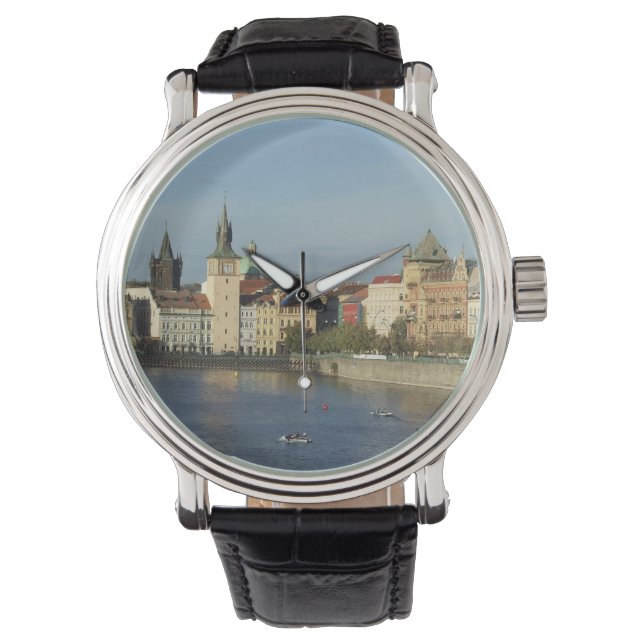 Prag Black Leather Strapaze Watch Armbanduhr (Vorderseite)