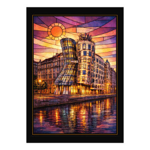 Prag Dancing House Buntglas Sonnenuntergang Fotodruck