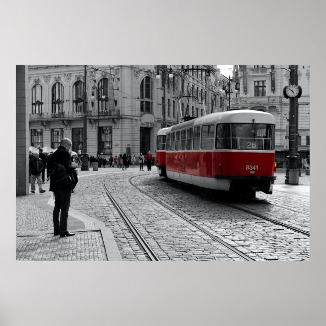 Prag Red Tram Pop: Selektive Farbe Poster (Vorne)