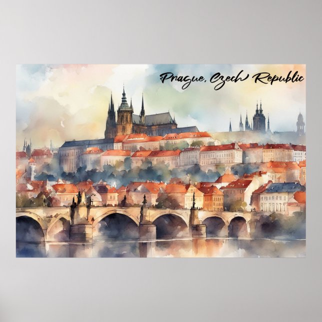 Prag Tschechien Wasserfarben Panoramaansicht Poster (Vorne)