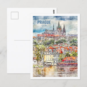 Prag Tschechisch Famous Travel Watercolor Sketch Postkarte
