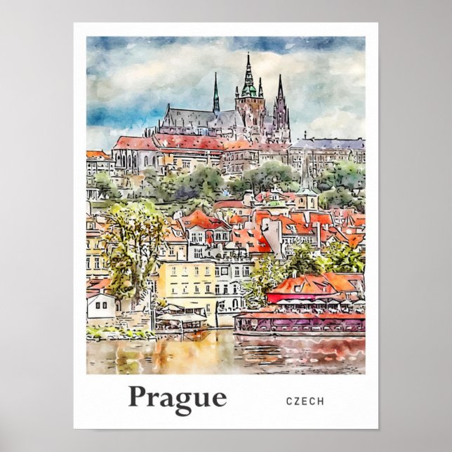 Prag Tschechische Reiseroute Wasserfarbskizze Hand Poster (Vorne)