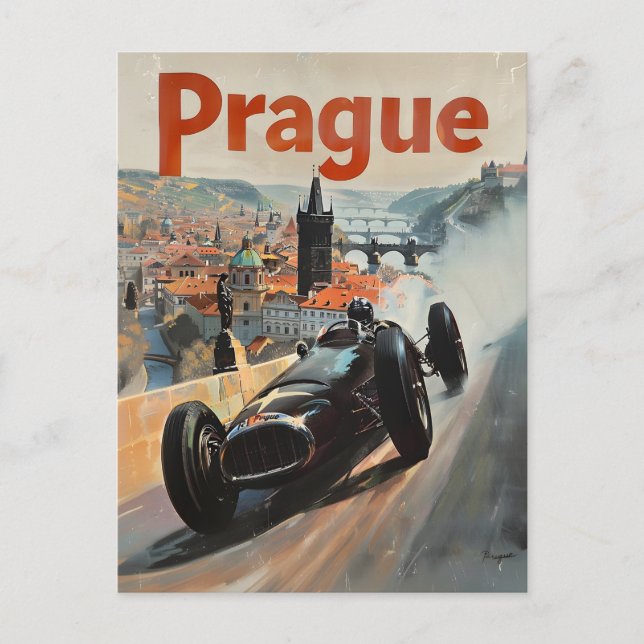 Prag Vintager Rennwagen Postkarte (Vorderseite)