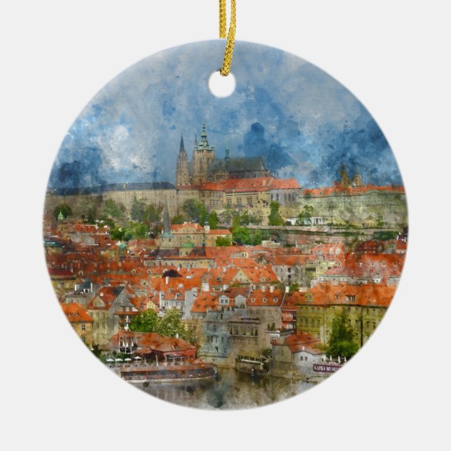 Prager Burg mit berühmter Karlsbrücke in Tschechie Keramik Ornament (Vorne)