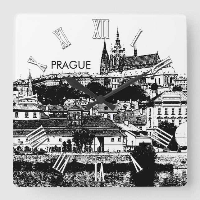 Prager Burg Zeichnend, Veit-Dom, Tschechien Quadratische Wanduhr (Vorderseite)
