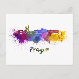 Prager Skyline in Aquarellfarbe Postkarte