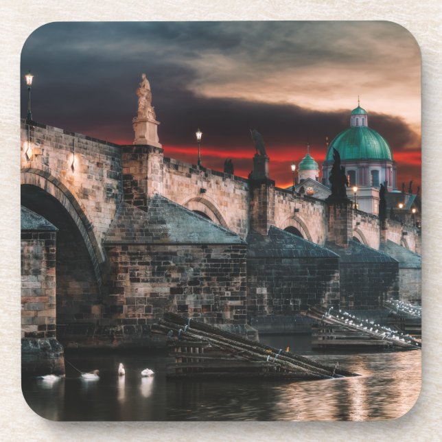 Prague Charles Bridge Night Hard Plastic Coaster Getränkeuntersetzer (Vorderseite)