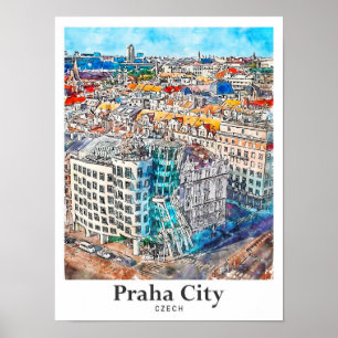 Praha Stadt Tschechische Reiseroute Wasserfarbe Ha Poster